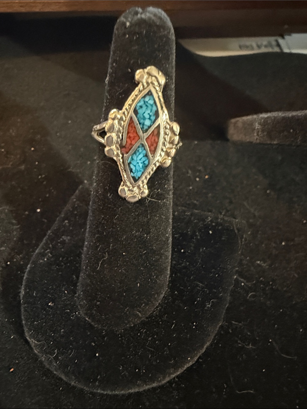 Sterling Silver Turquoise & Coral Inlay Marquise Ring